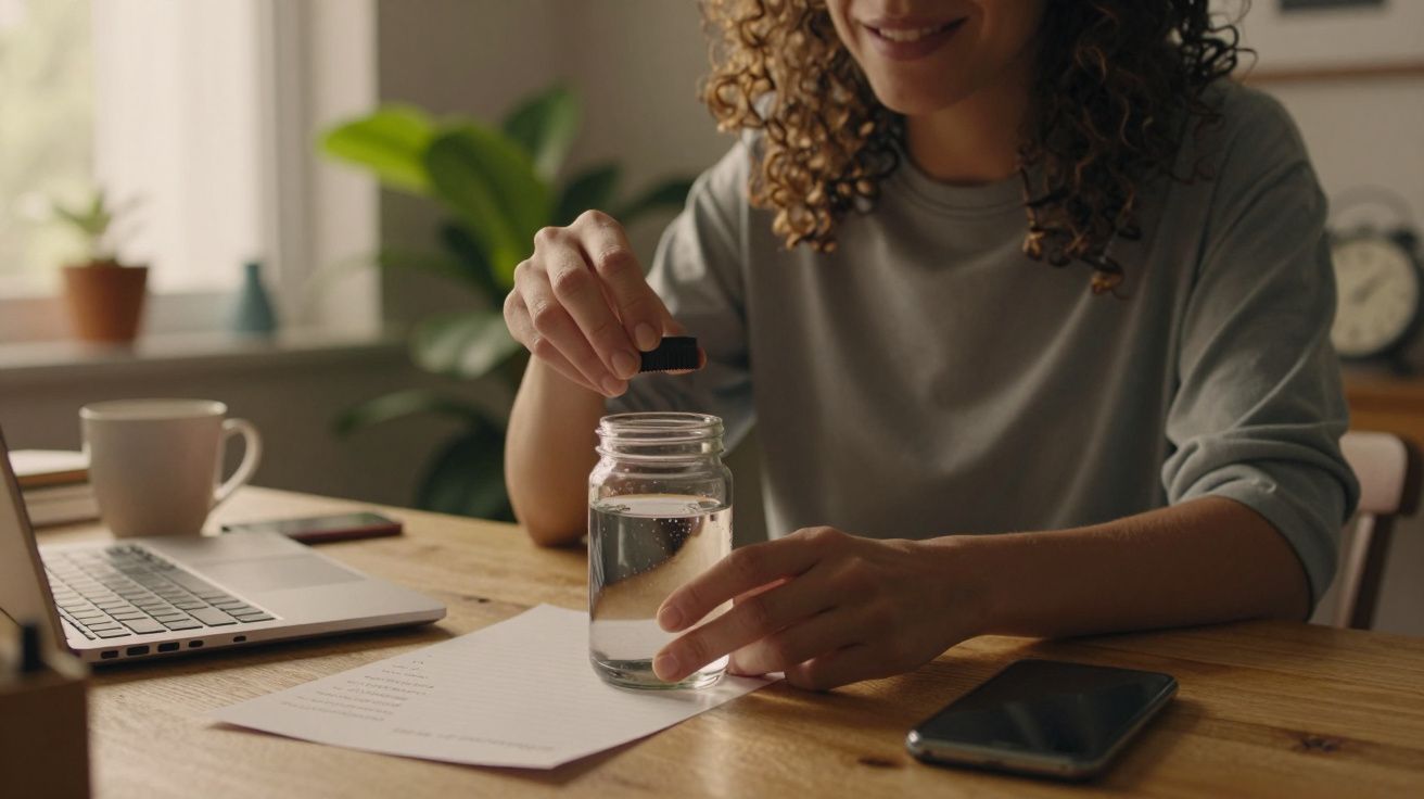 Mulher sorridente mistura algo em um pote de vidro com água em uma mesa com laptop e smartphone.