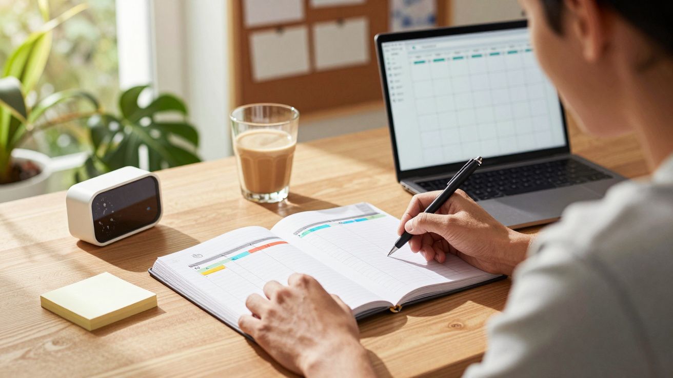 Pessoa escrevendo em agenda em mesa com notebook, relógio digital, café e post-its; janela e planta ao fundo.