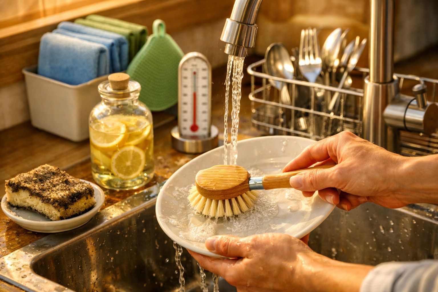 Pessoa lavando prato com escova em pia de cozinha, esponjas coloridas e planta ao fundo.