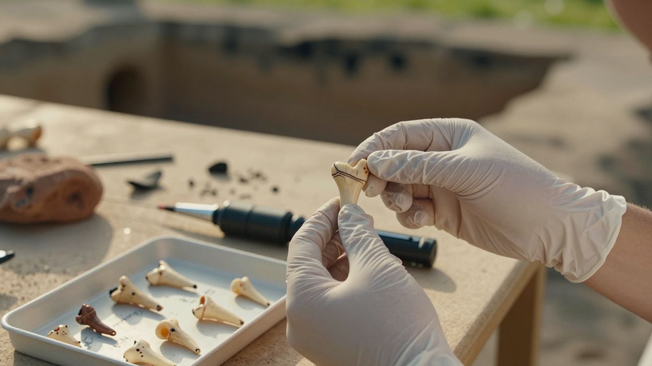 Mãos com luvas brancas seguram artefato antigo em mesa com ferramentas e peças cerâmicas ao fundo.