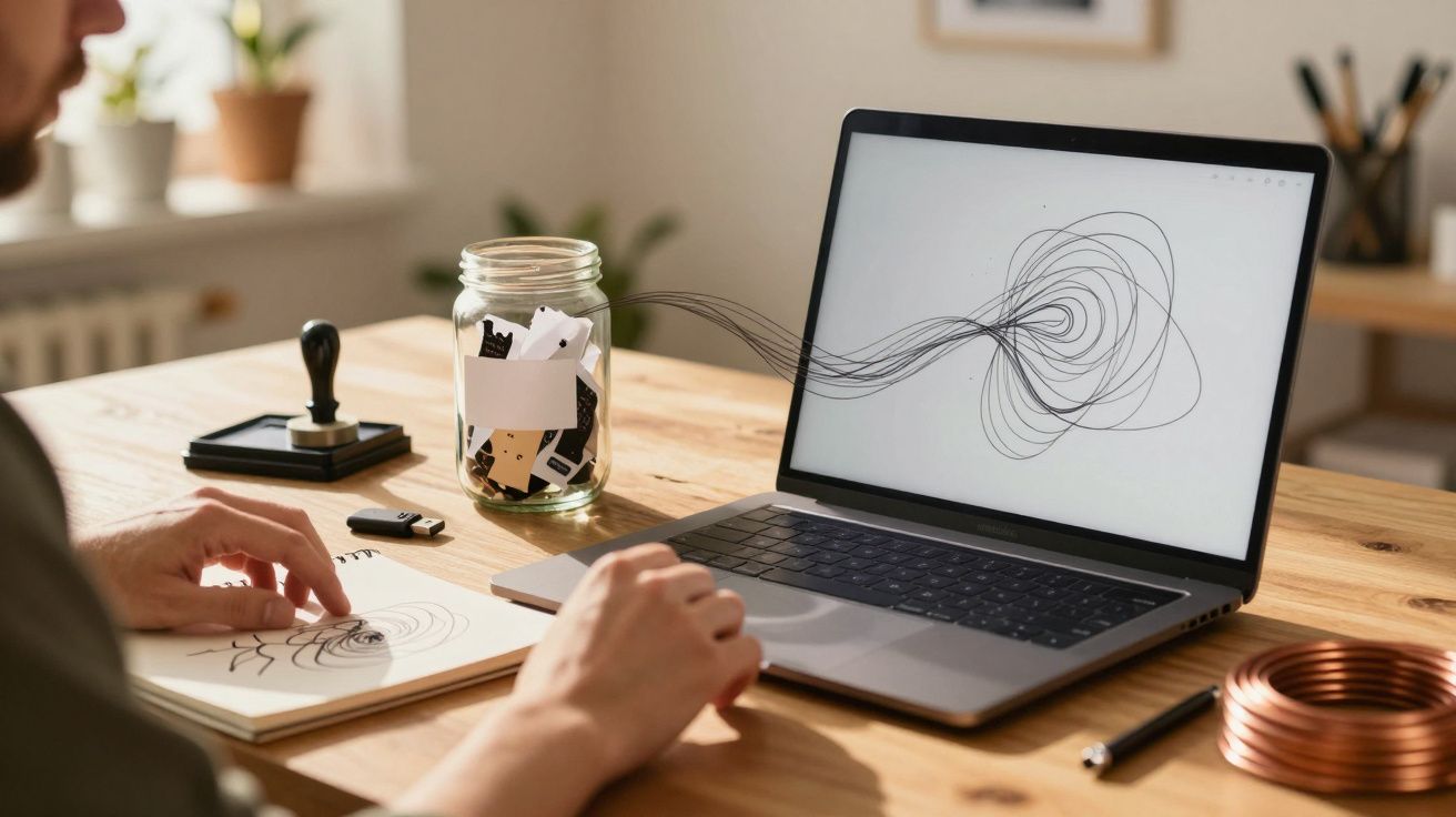 Pessoa desenhando espirais em um caderno enquanto observa um desenho similar em um laptop sobre uma mesa de madeira.