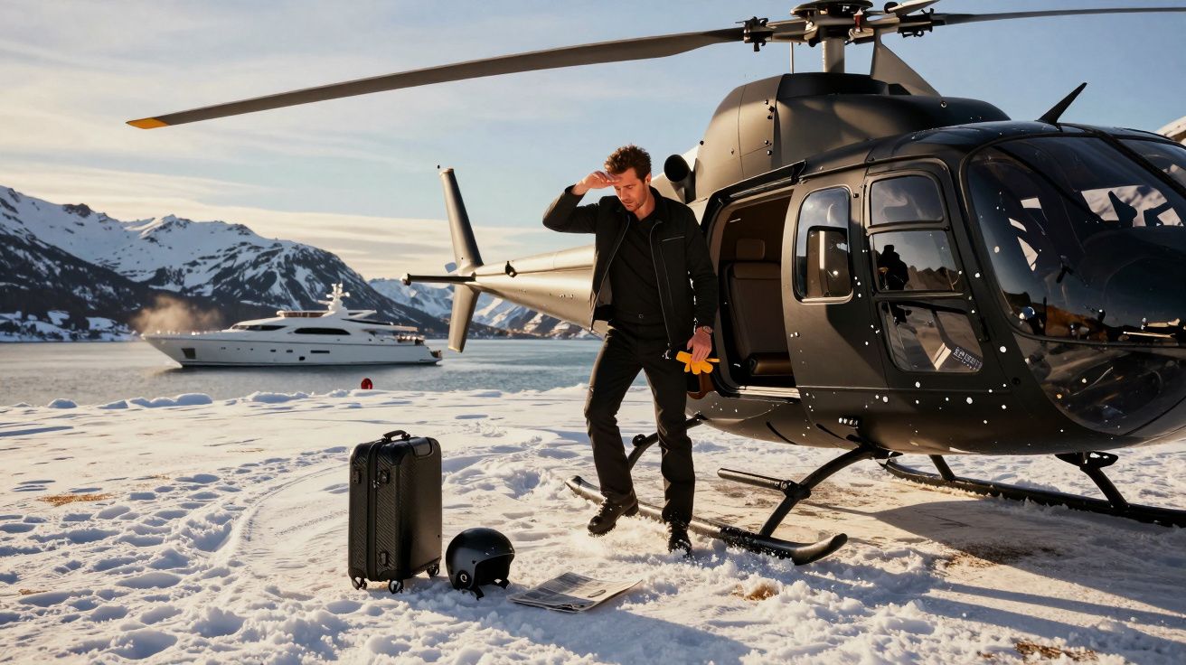 Homem saindo de helicóptero em área nevada, com mala e capacete no chão, barco no mar e montanhas ao fundo.