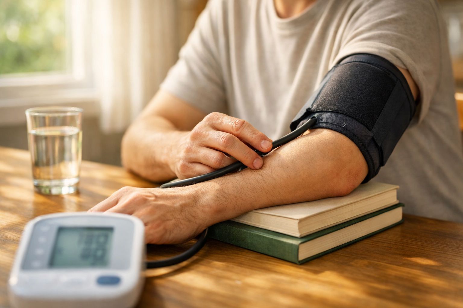 Homem medindo a pressão arterial em casa com um braço sobre livros, usando um medidor automático, copo d'água ao lado.