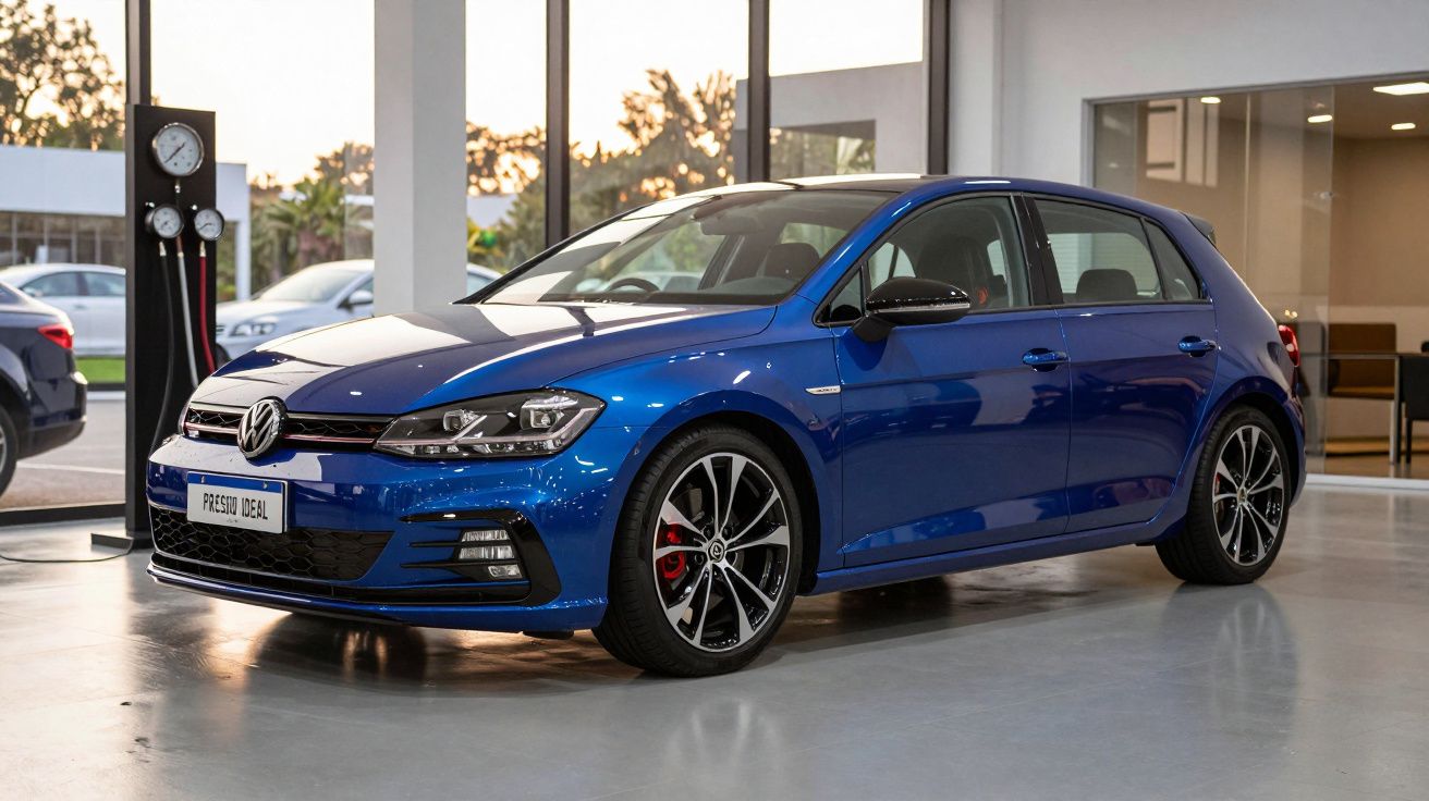 Carro azul exposto em uma concessionária, com design esportivo e teto solar, sob luz natural ao entardecer.