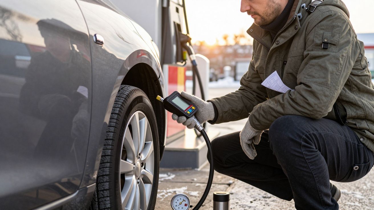 Homem verifica pressão do pneu do carro em posto de gasolina, segurando aparelho digital e usando luvas cinzas.