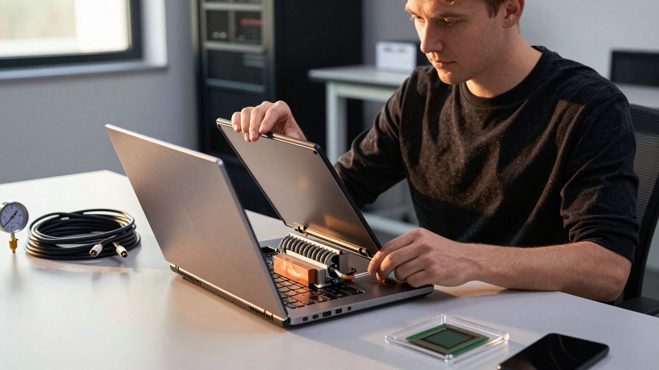 Pessoa trabalhando em um laptop aberto sobre uma mesa, com cabos e componentes eletrônicos à volta.