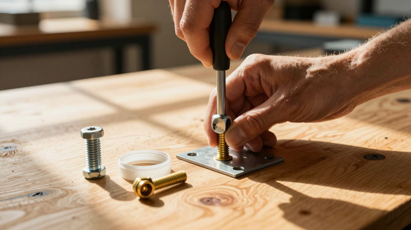 Pessoa usando chave de fenda para apertar parafuso em placa de metal sobre mesa de madeira.
