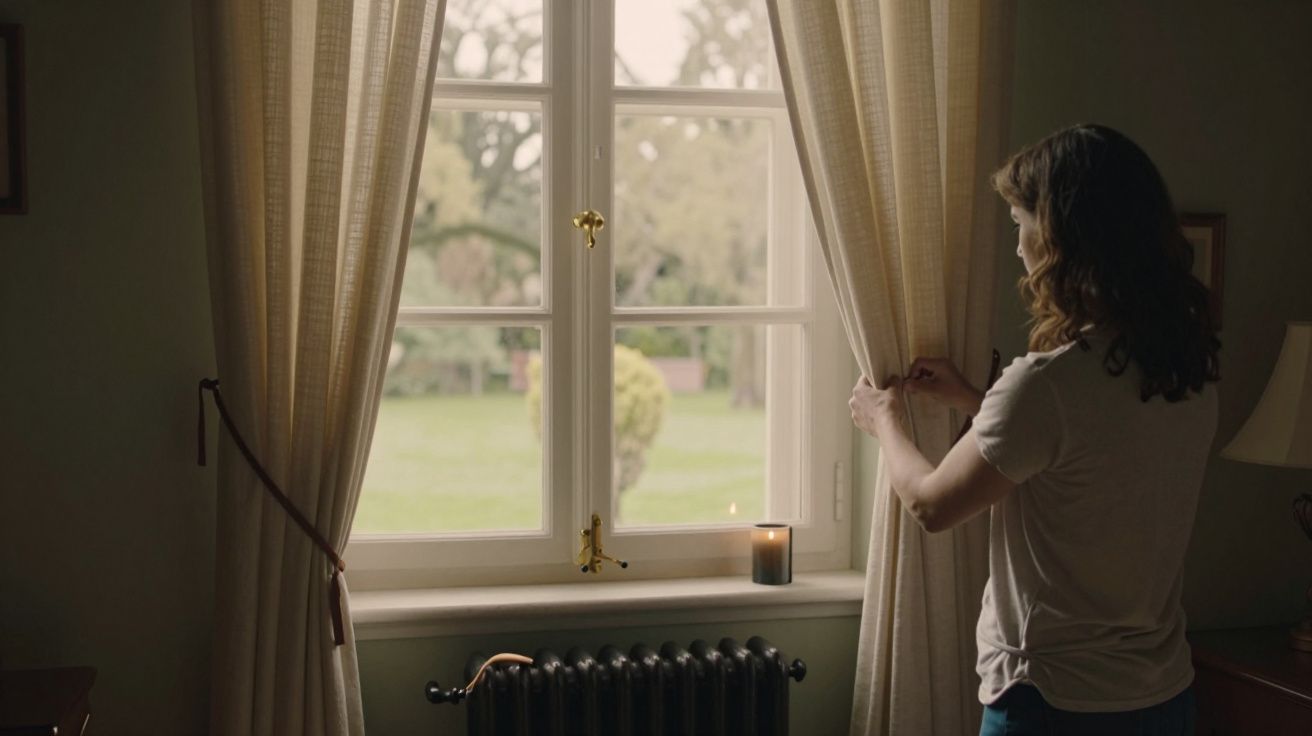 Mulher ajustando cortinas em janela de sala iluminada, com vista para um jardim. Uma vela acesa está no peitoril da janela.