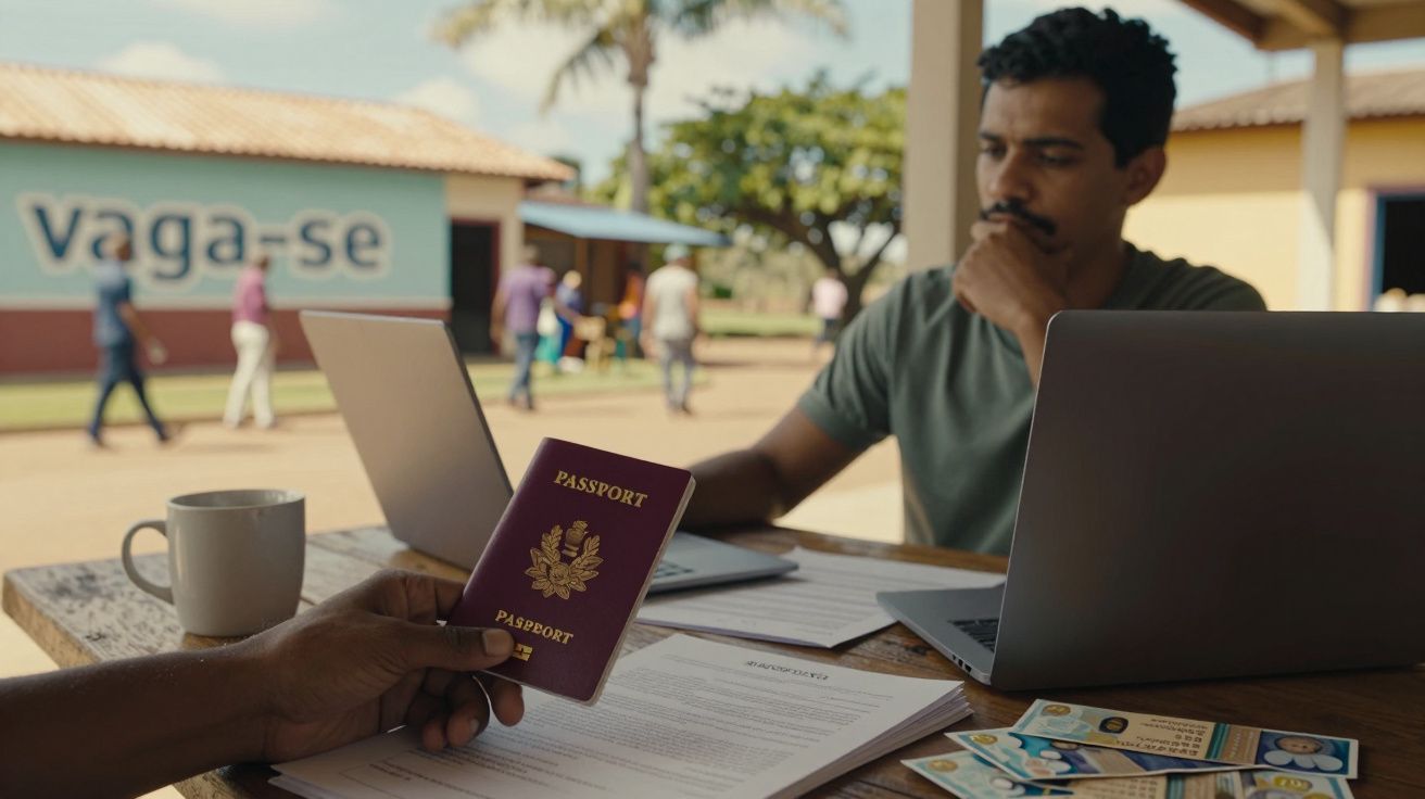 Homem sentado em mesa ao ar livre, segurando passaporte, com laptops, documentos e pessoas ao fundo.