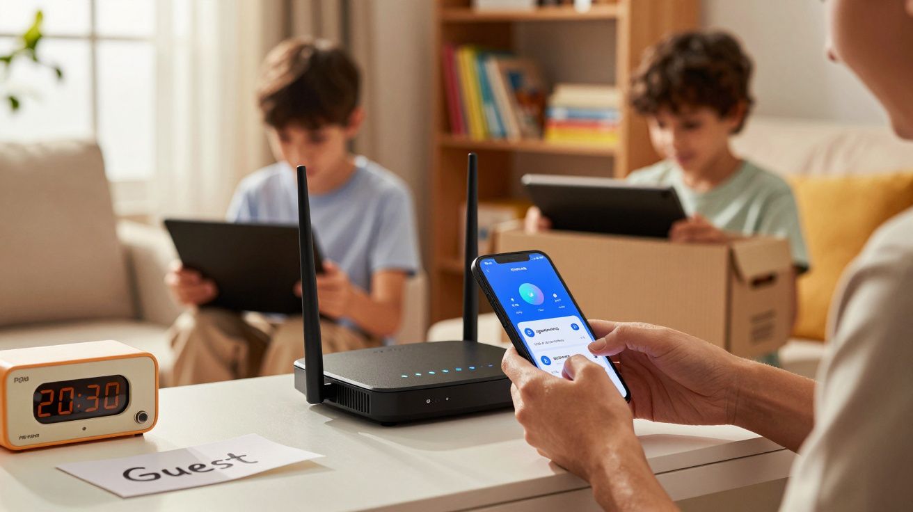 Pessoa ajustando configurações de um roteador com smartphone; crianças usam tablets ao fundo em uma sala de estar.