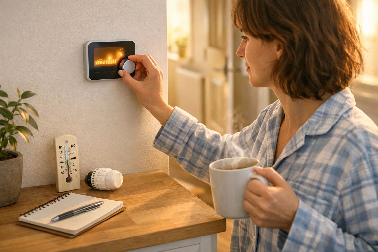 Pessoa ajustando termostato digital em ambiente aconchegante, com chá e caderno na mesinha ao lado da cama.