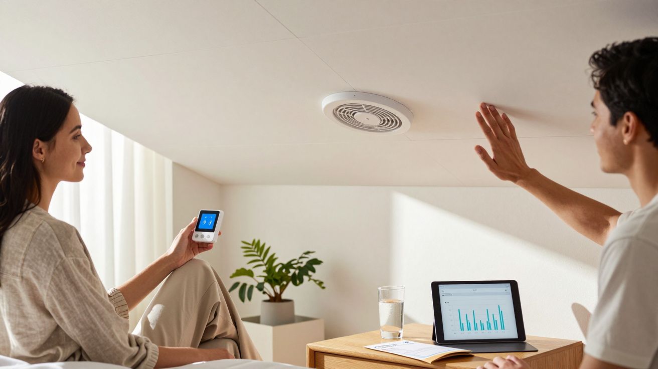 Homem e mulher controlam dispositivo inteligente no teto usando tablet e controle remoto em ambiente iluminado.