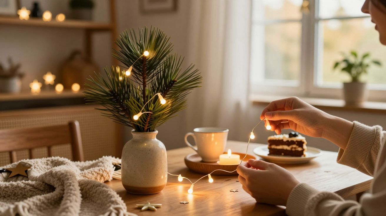 Pessoa decora vaso com luzes de Natal em mesa de madeira, com bolo, vela acesa e caneca ao fundo.
