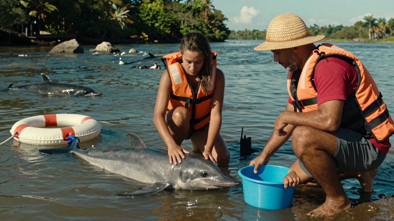 Duas pessoas acariciando um golfinho na água, vestindo coletes salva-vidas laranja, com árvores ao fundo.