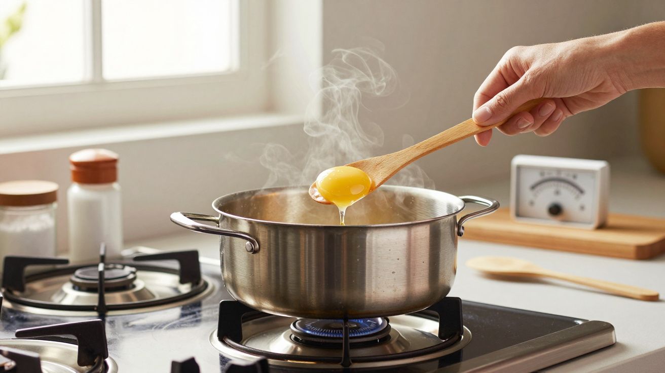 Mão adiciona ovo a uma panela em fervura sobre fogão a gás, com fumaça visível, na cozinha iluminada.