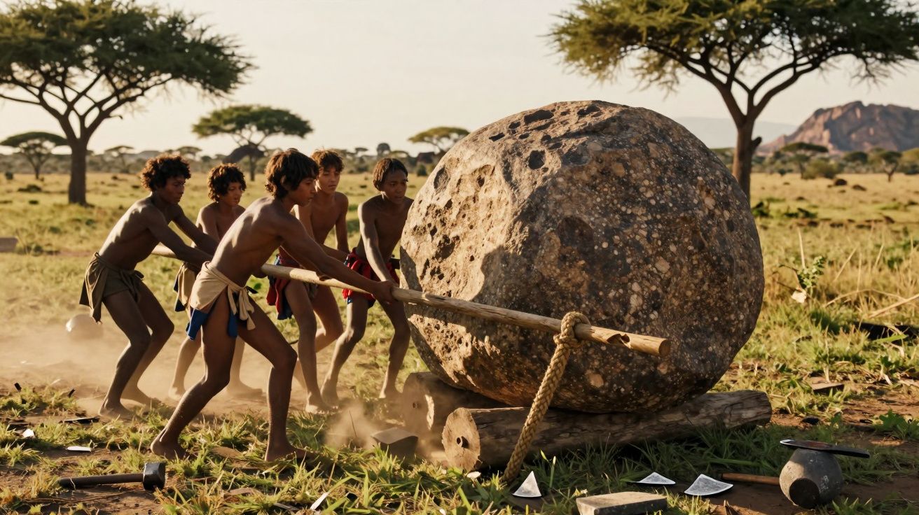 Grupo de pessoas empurrando uma grande pedra redonda com alavanca em campo aberto, árvores ao fundo.