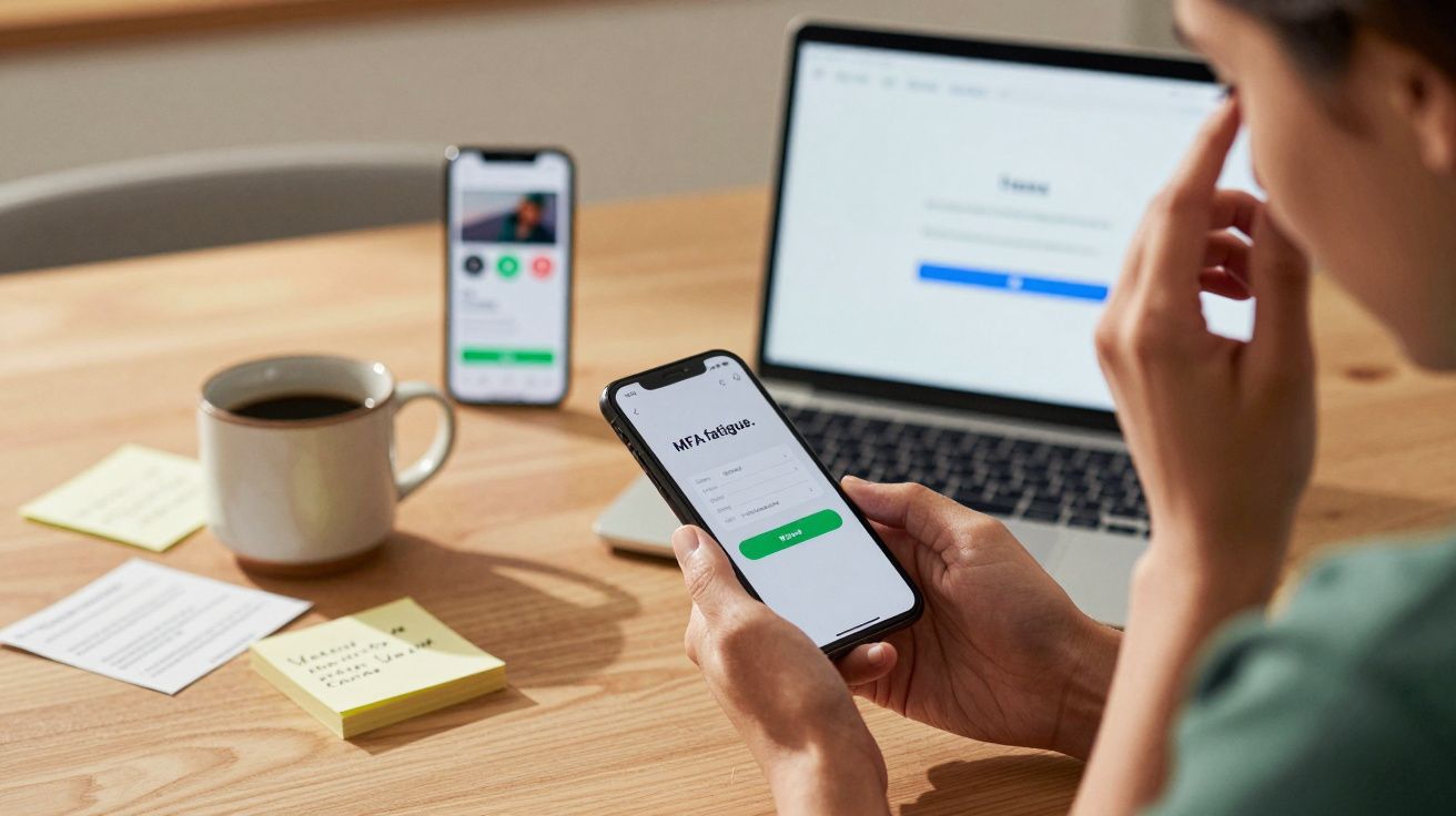 Pessoa usando smartphone para autenticação de dois fatores, com computador e outro celular sobre a mesa.