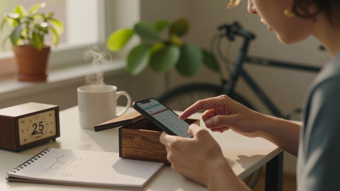 Pessoa mexendo no celular em uma mesa com caderno, relógio, caneca e planta; bicicleta ao fundo.