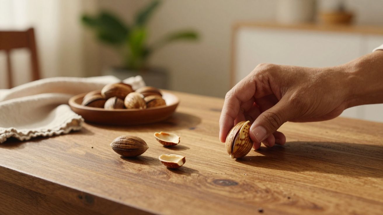 Mão segurando noz de pecan sobre mesa de madeira, com nozes e cascas espalhadas. Fundo desfocado com planta.