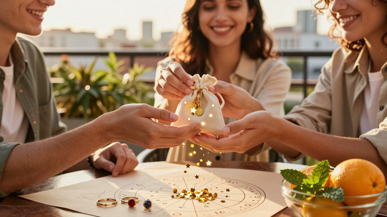 Três pessoas fazem ritual com saco de jóias sobre papel astrológico, com frutas e anéis ao redor.