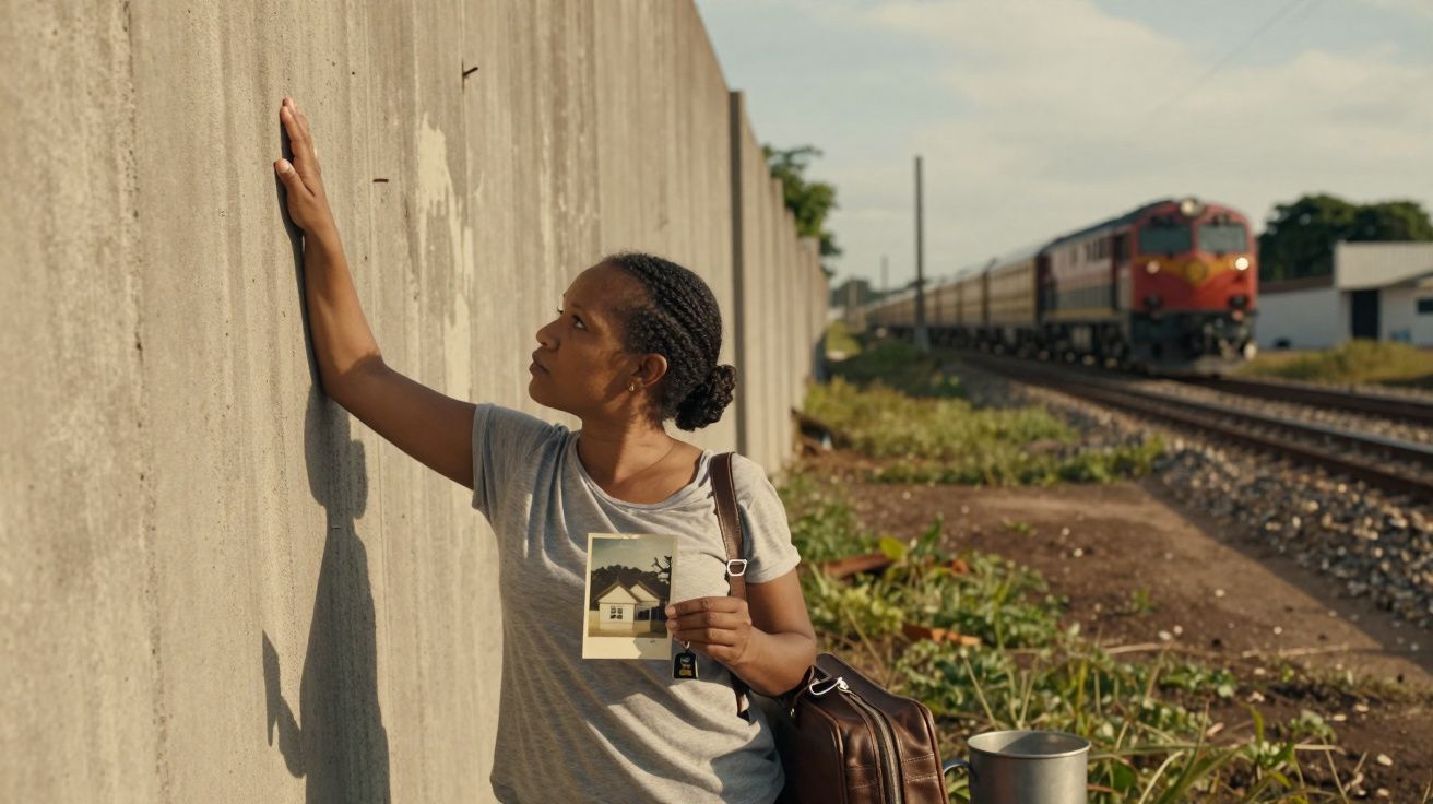 Mulher toca muro enquanto segura foto de uma casa, com trem passando ao fundo em bairro suburbano.