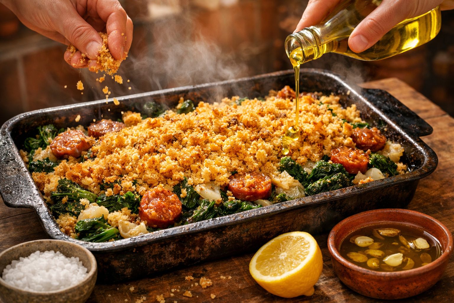 Mãos preparando prato de chouriço, couve e farofa em uma assadeira com azeite enquanto o vapor sobe.