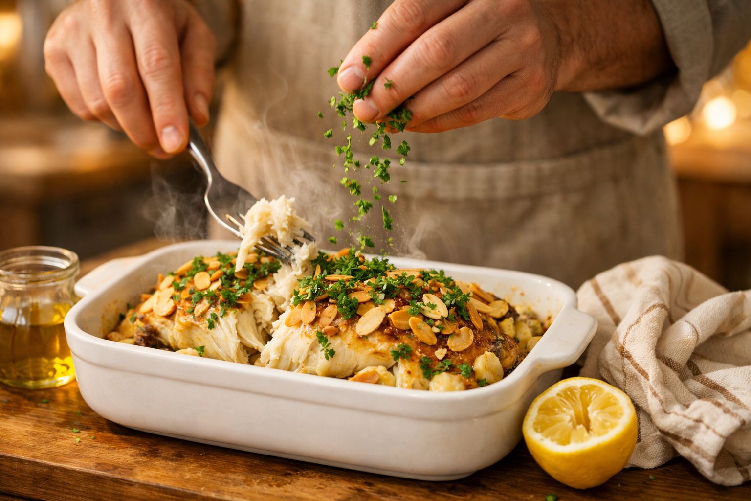 Mãos decorando bacalhau assado com amêndoas e ervas em travessa de cerâmica, limão cortado ao lado.