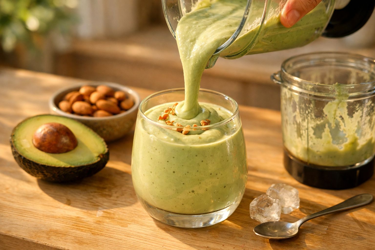 Copo de smoothie verde sendo servido, com abacate e amêndoas ao fundo sobre mesa de madeira.
