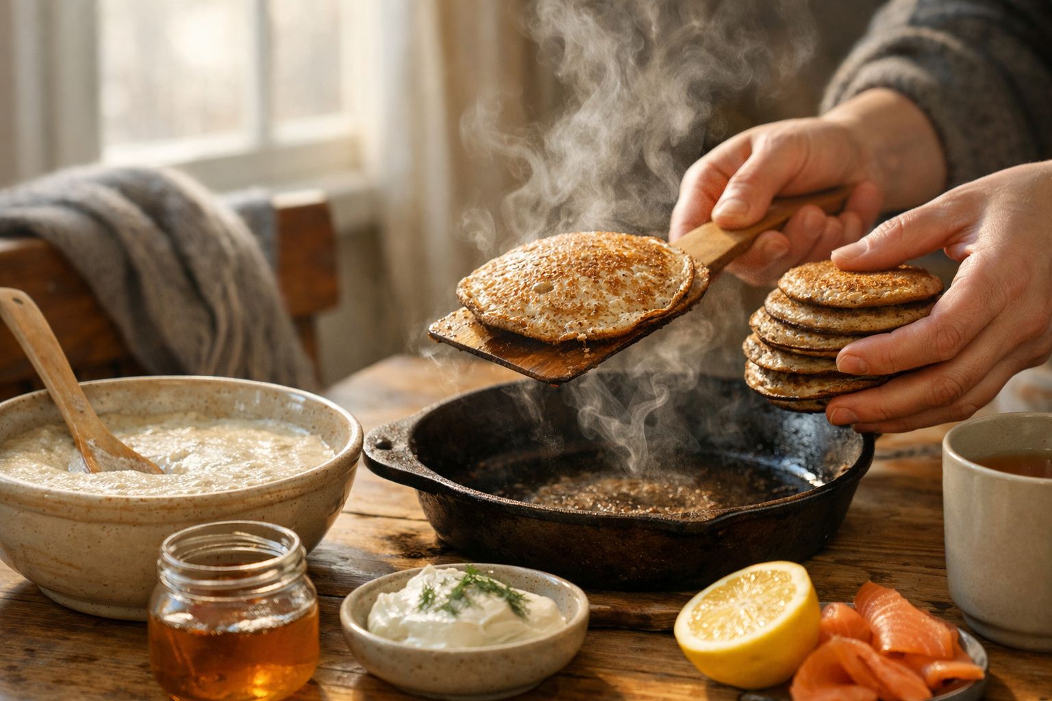 Pessoa cozinhando panquecas em frigideira de ferro, com vapores e acompanhamentos como mel, limão e creme ao lado.