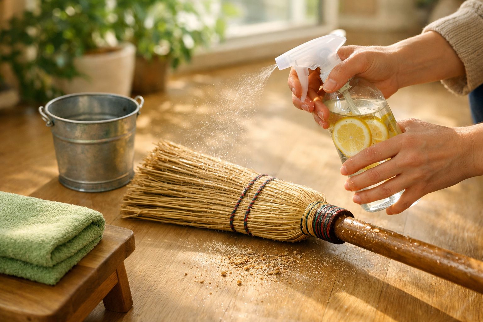 Mãos borrifam solução com limão em vassoura de piaçava sobre mesa de madeira. Ao fundo, jarra com fatias de limão.