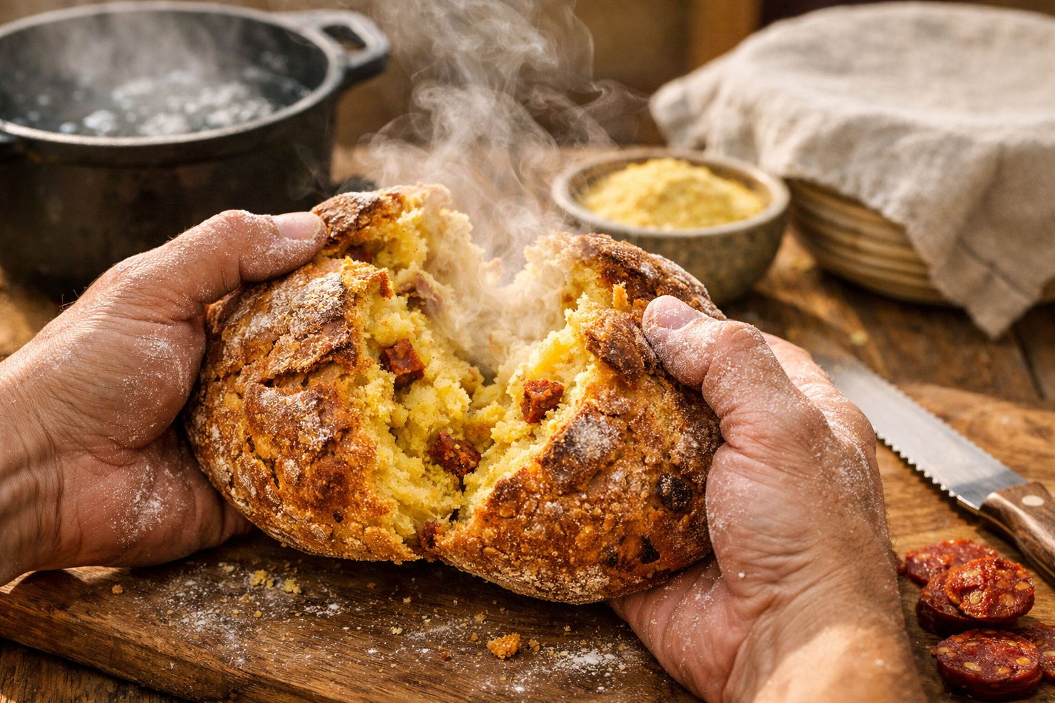 Pão rústico recém-assado sendo partido à mão, soltando vapor, com pedaços de linguiça à mostra.