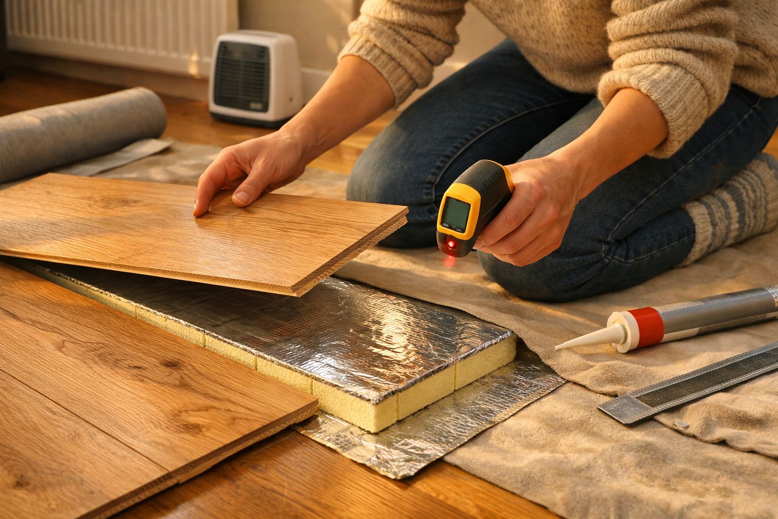 Pessoa instalando piso laminado com ferramenta e material isolante sobre chão de madeira.