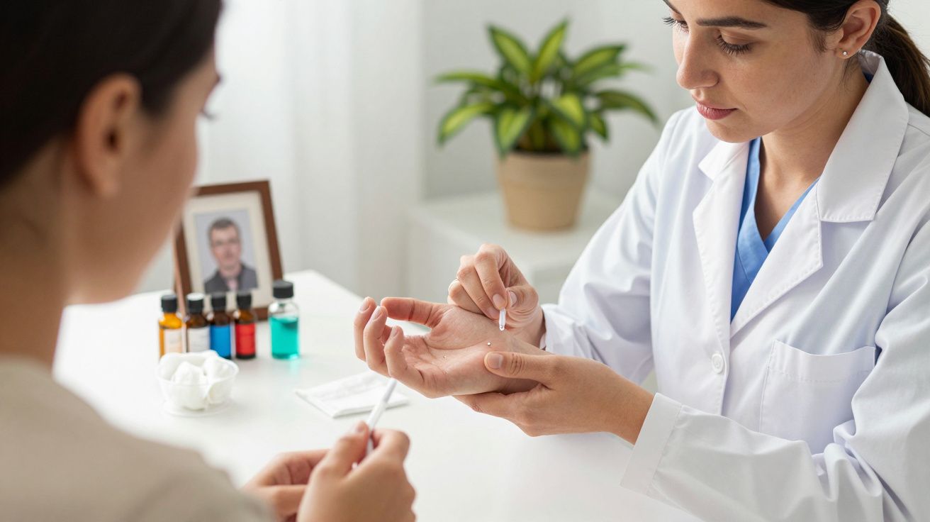 Médica em jaleco examinando a palma da mão de uma paciente sentada à mesa com frascos coloridos e planta ao fundo.