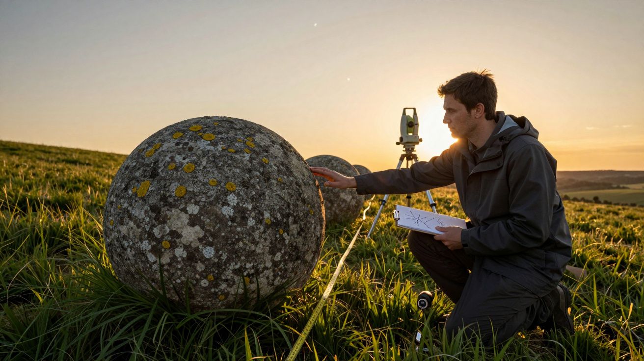 Homem analisa grande pedra esférica coberta de musgo em campo verde durante o pôr do sol, com equipamento de topografia.