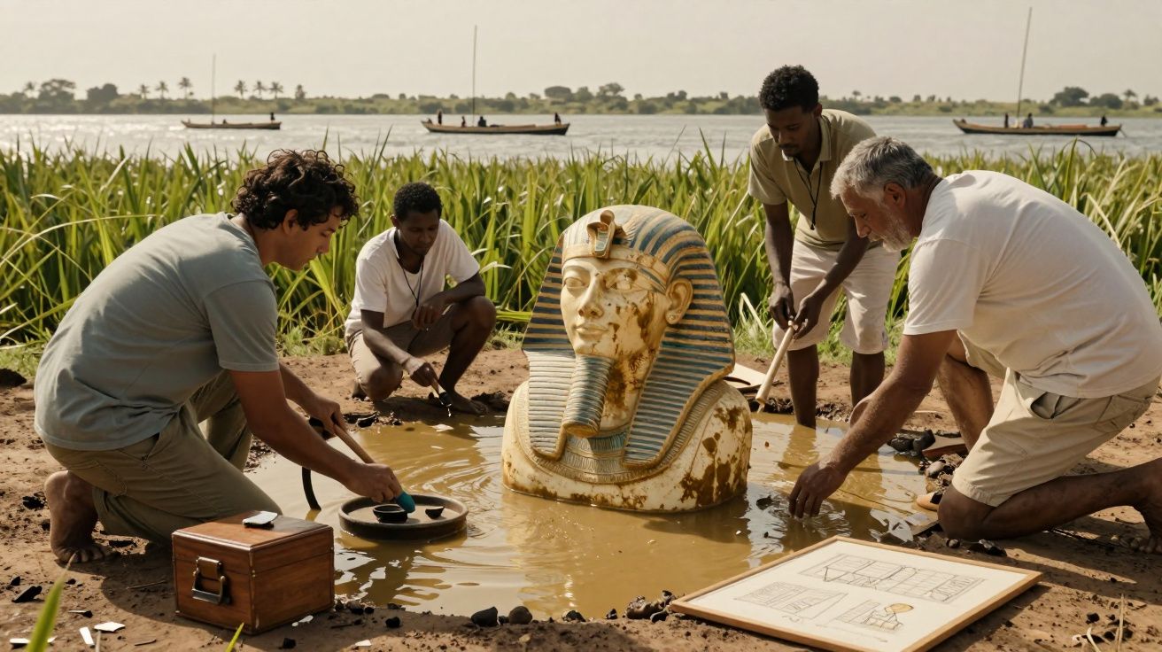 Quatro homens analisam uma esfinge egípcia em uma área alagada, com plantas e barcos ao fundo.