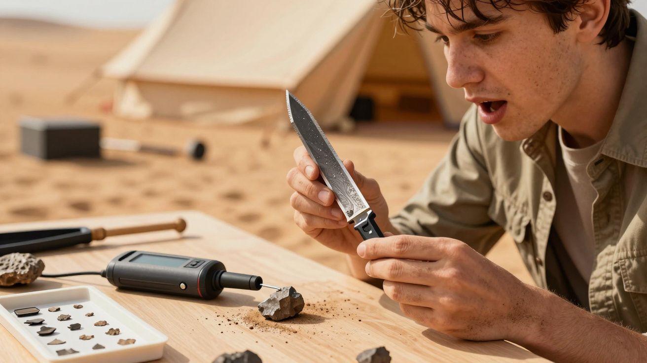 Jovem analisa faca ao ar livre, cercado por ferramentas e pedras em mesa de madeira, com deserto e barraca ao fundo.