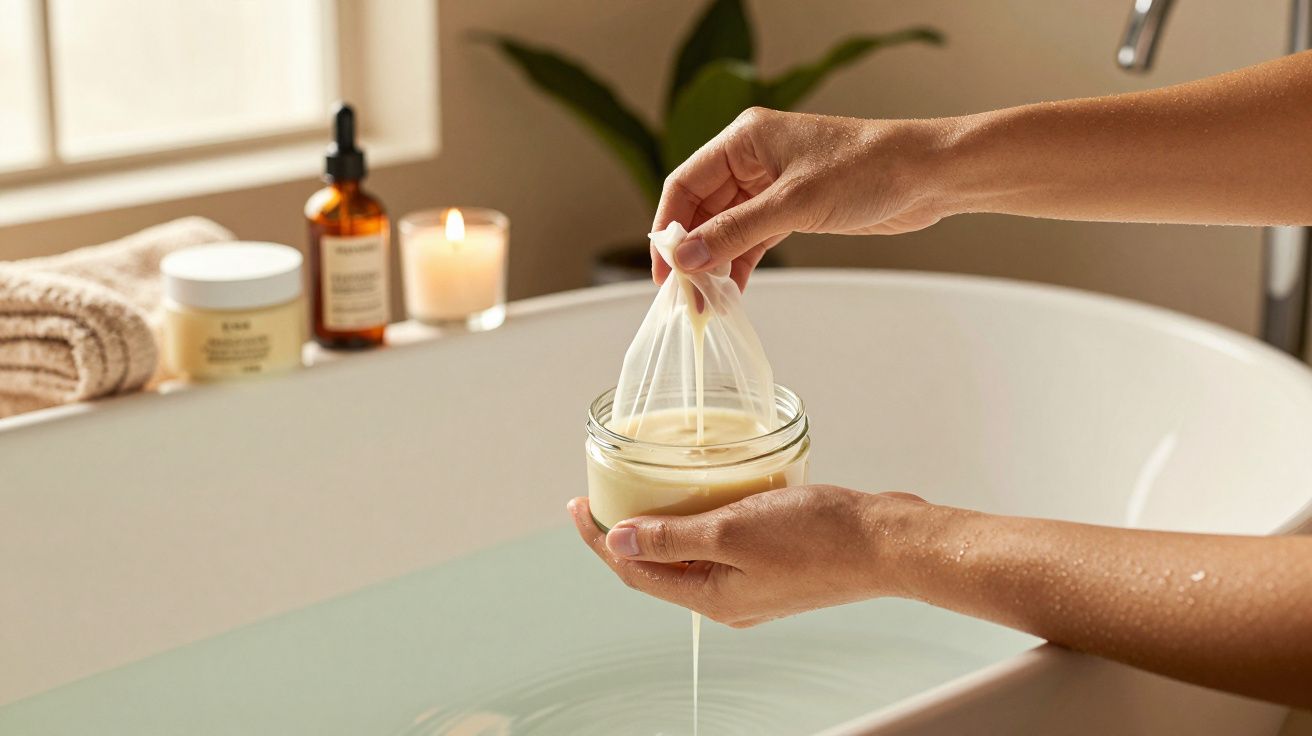 Mãos segurando máscara capilar em frasco sobre banheira, com velas e produtos de banho ao fundo.