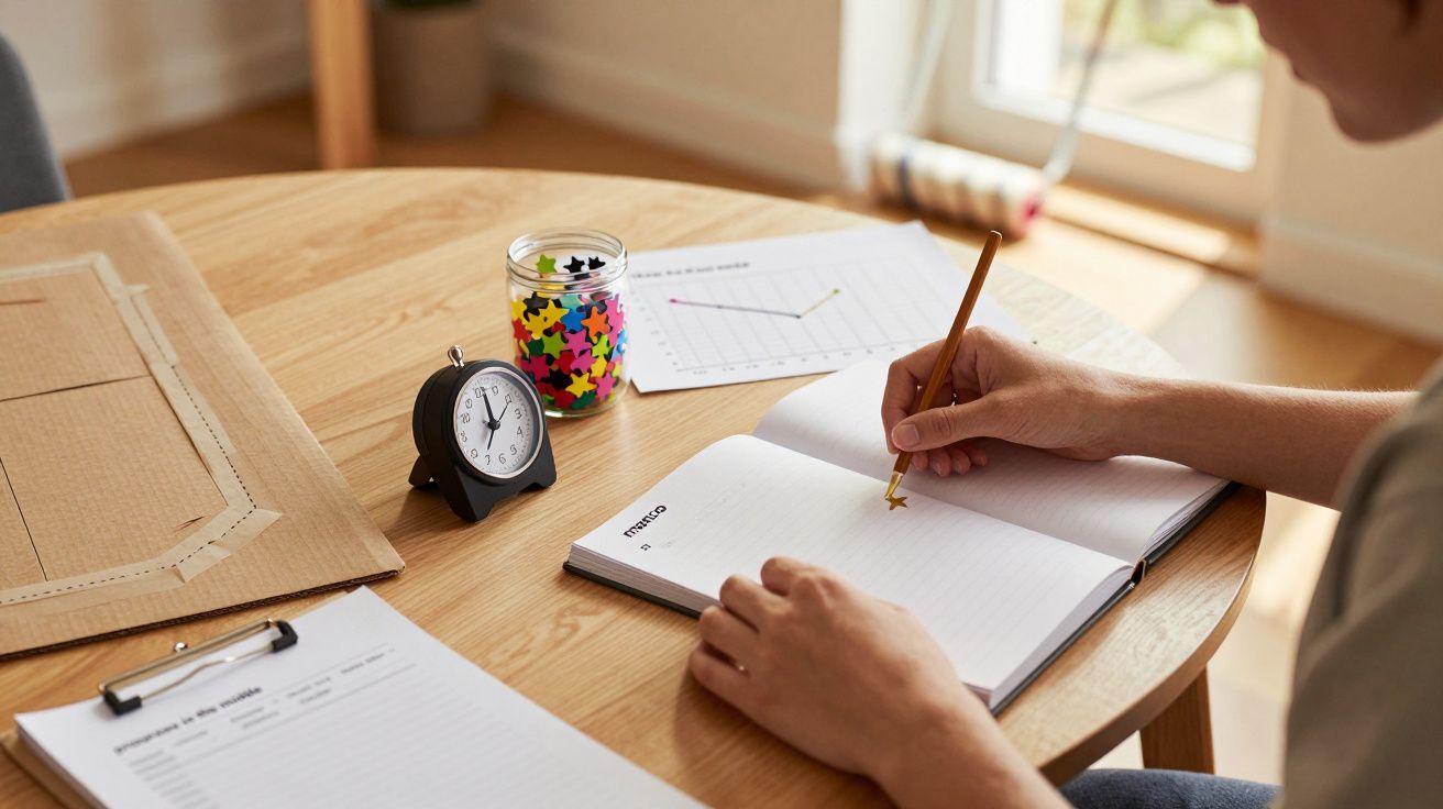 Pessoa escrevendo em caderno em mesa de madeira com relógio, copo de peças coloridas e papéis, luz natural ao fundo.