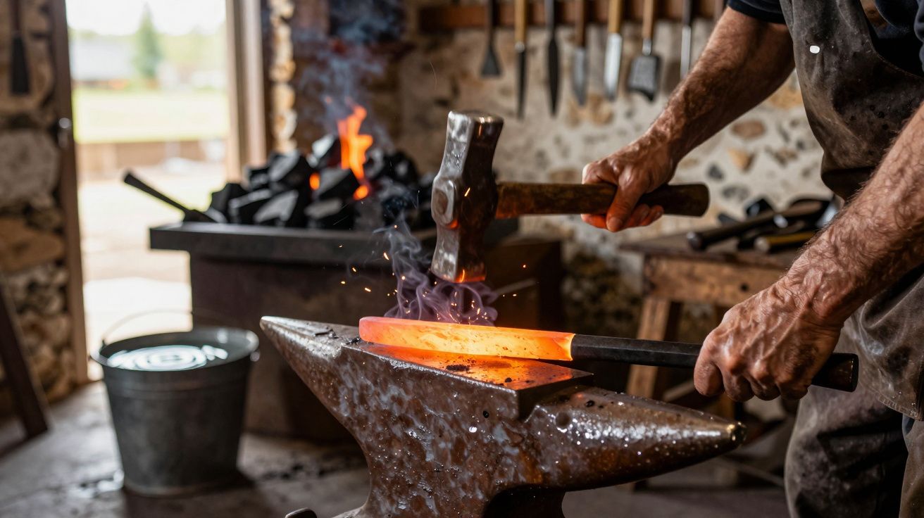 Ferreiro martelando metal quente em uma bigorna, com fogo ao fundo em uma forja.