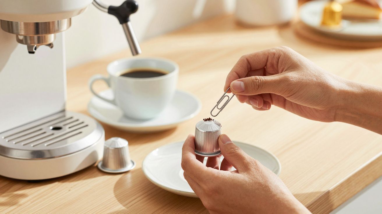 Mãos seguram cápsula de café ao lado de máquina expresso e xícara em mesa de madeira.