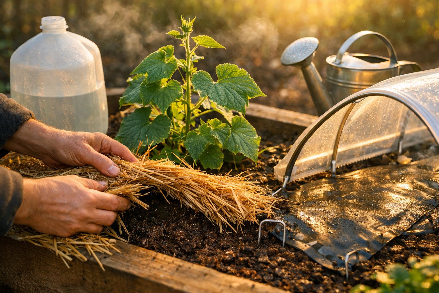 Pessoa cuidando de planta em horta, cobrindo solo com palha, com regador e garrafa ao fundo.