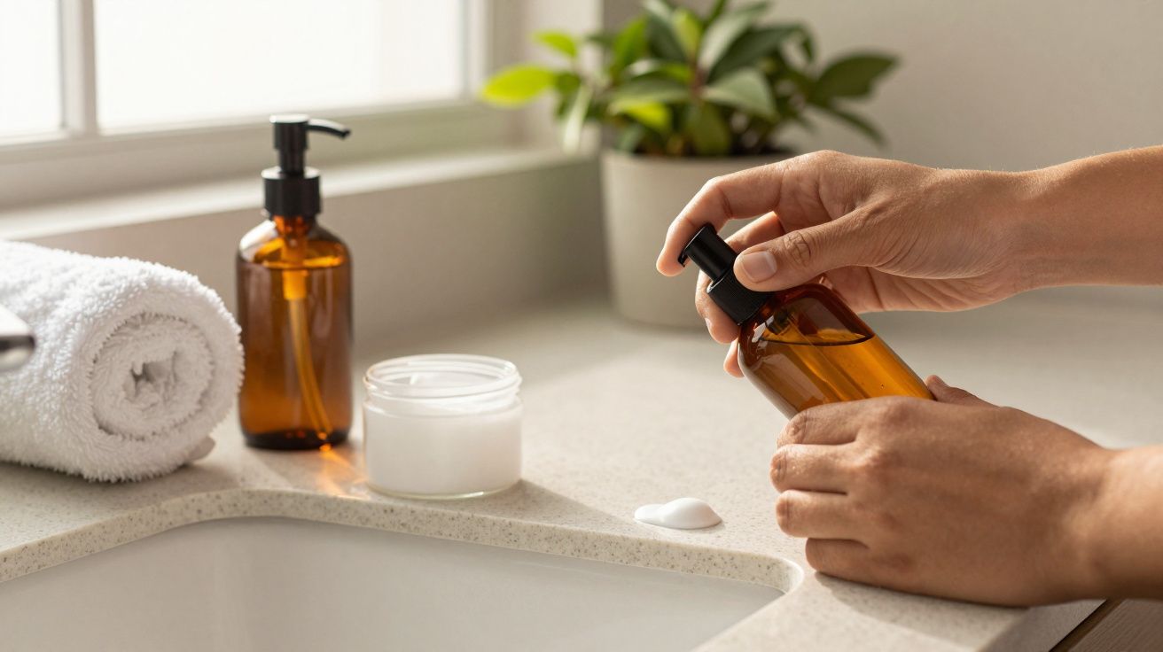 Mãos usando sabonete líquido em dispenser âmbar sobre pia, ao lado de toalha, frasco e planta.