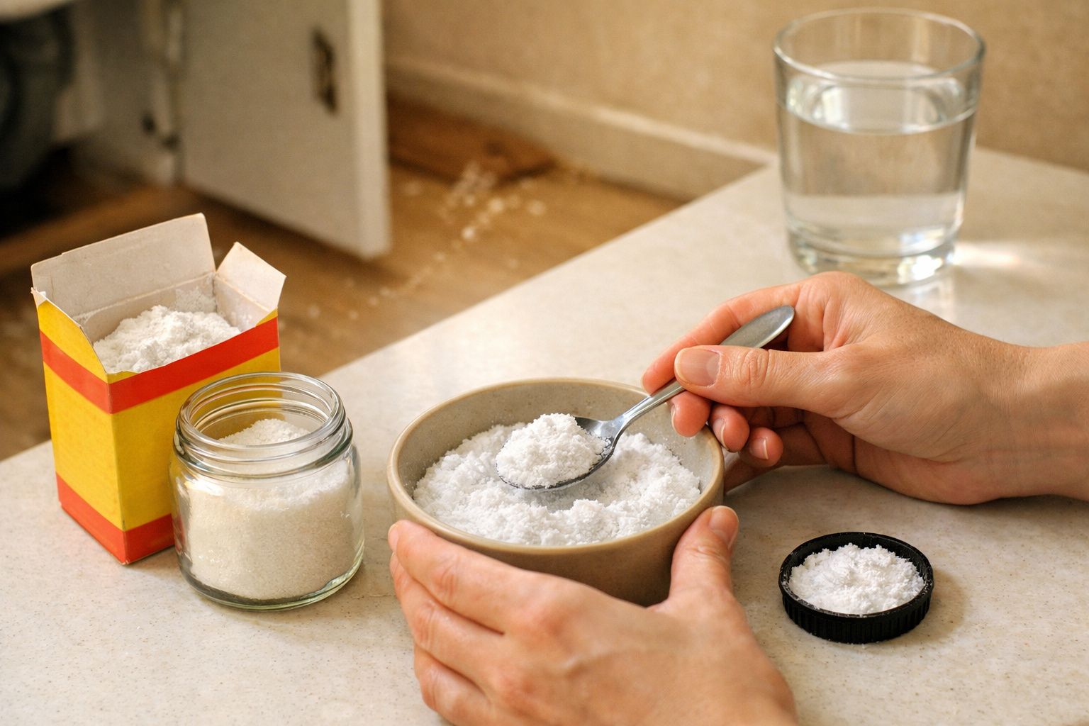 Mãos segurando colher e tigela com sal, ao lado de pote e caixa de sal sobre uma mesa, com copo de água ao fundo.