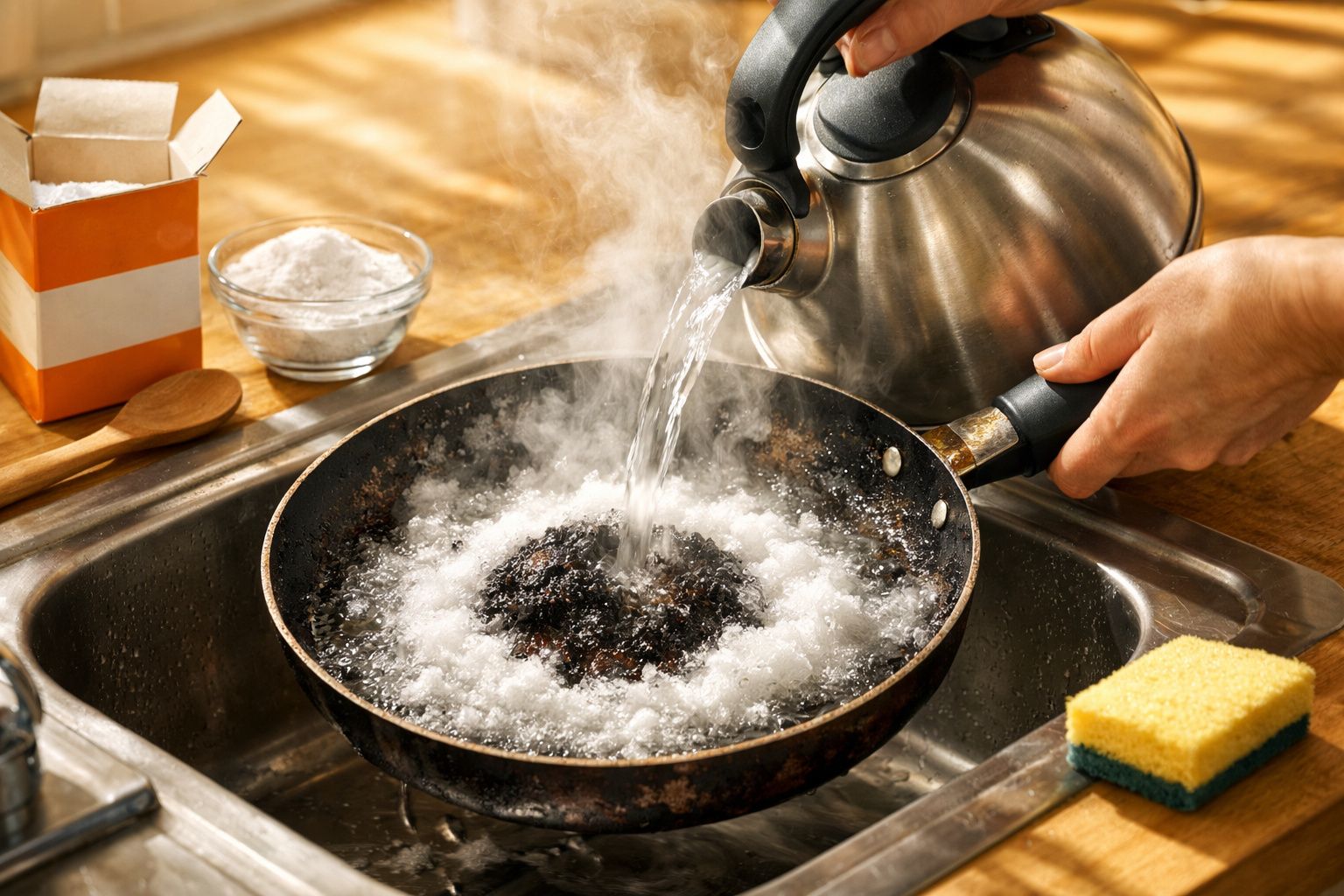 Chaleira despejando água quente em panela com resíduo queimado na pia, próxima a esponja e caixa de bicarbonato.