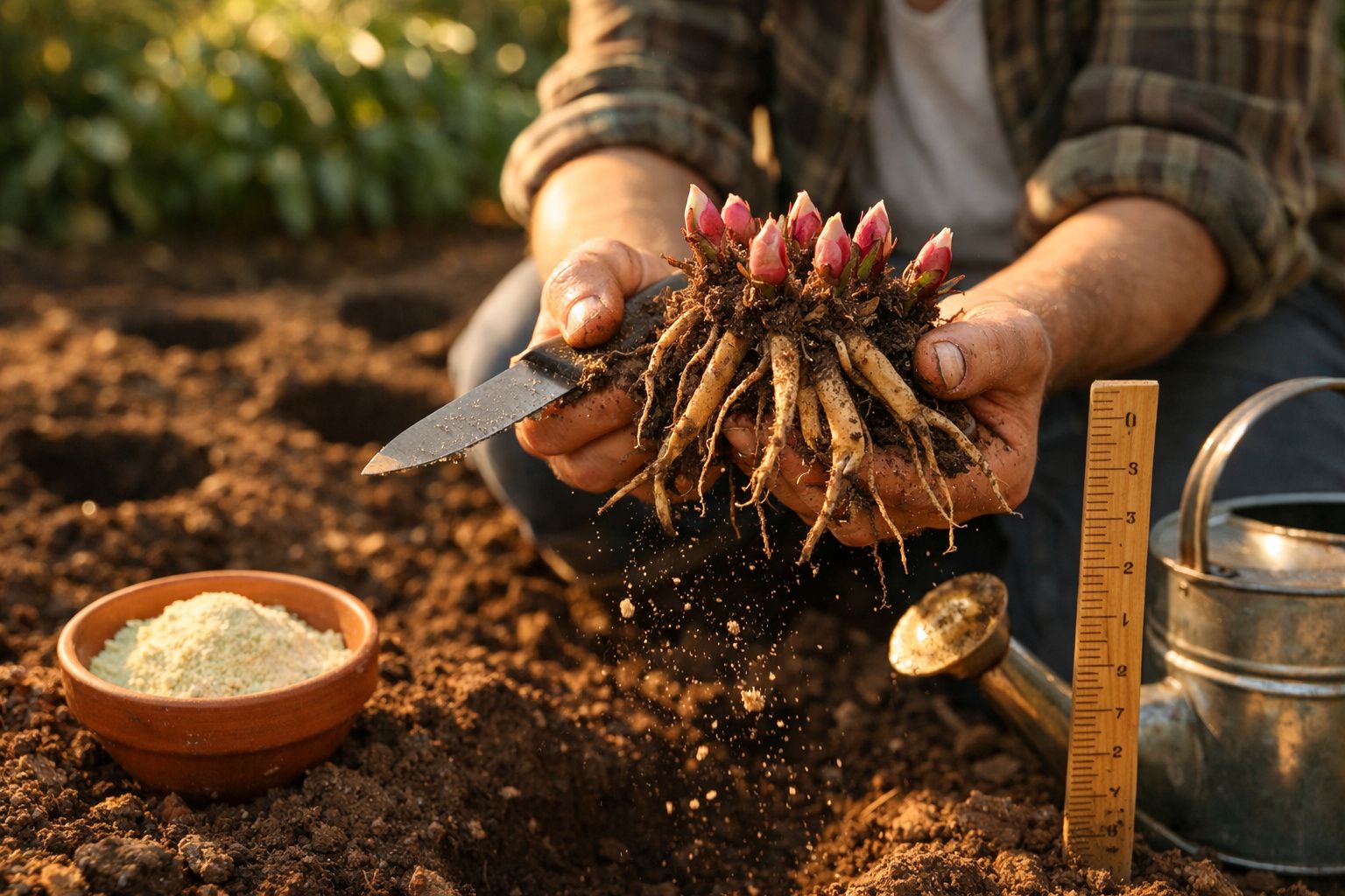 Pessoa segurando planta com raízes expostas em um jardim, ao lado de uma faca, regador e tigela de adubo.