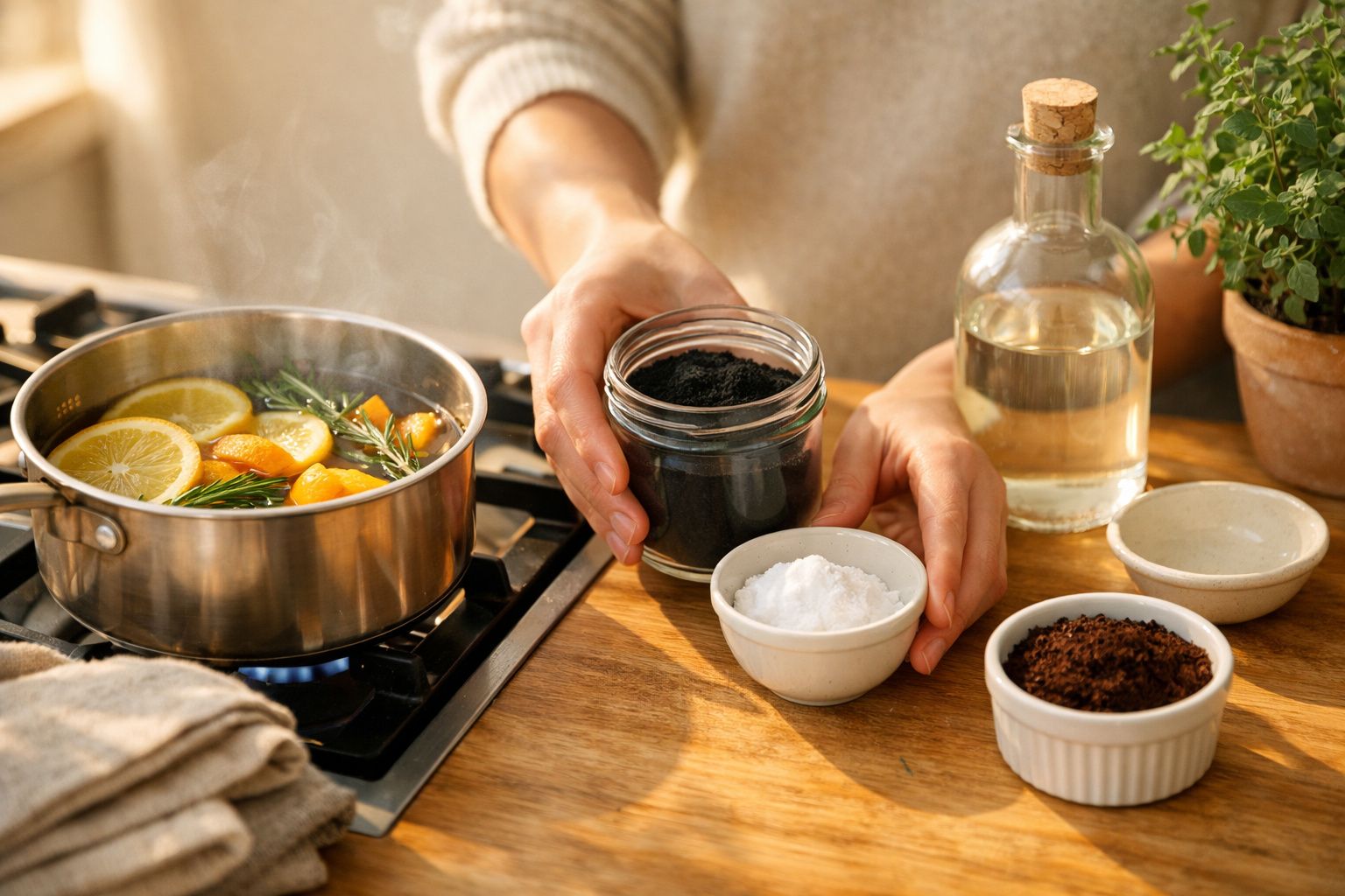 Pessoa cozinha ervas e frutas cítricas em panela. Frascos de especiarias e garrafa de vidro estão ao lado.