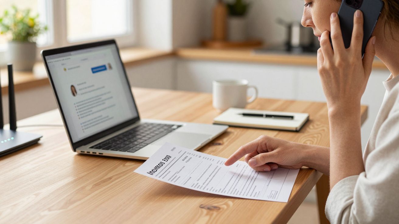 Mulher ao telefone segurando documento em frente a um laptop sobre a mesa, em ambiente de escritório doméstico.