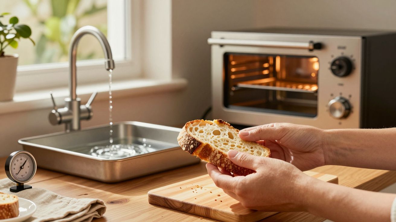 Pessoa segurando fatia de pão em cozinha com forno e pia ao fundo.