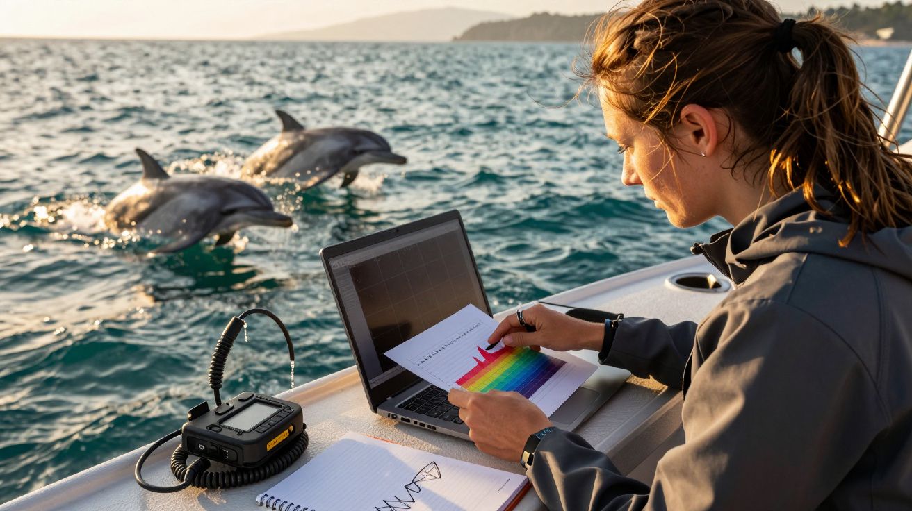 Cientista analisa dados em laptop em barco com golfinhos ao fundo no mar.