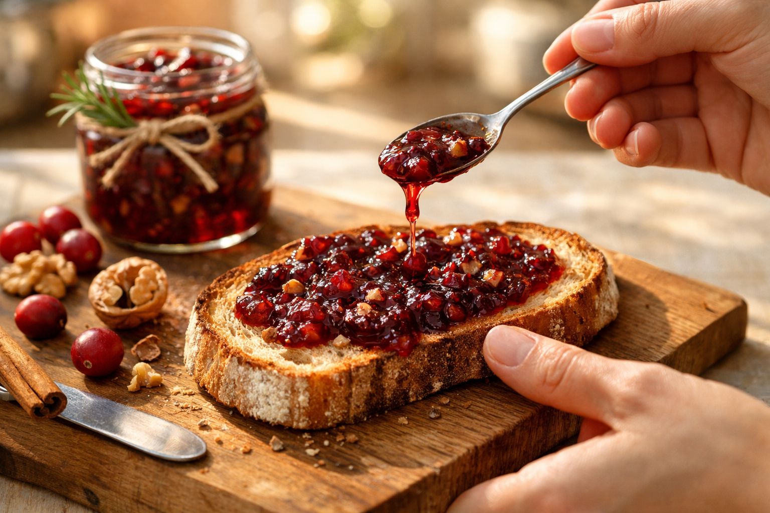 Pão torrado com geleia de frutas vermelhas, próximo a nozes e cranberries em um tabuleiro de madeira.